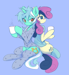 Size: 1241x1339 | Tagged: safe, artist:fajeh, derpibooru import, bon bon, lyra heartstrings, sweetie drops, earth pony, pony, semi-anthro, unicorn, clothes, cup, duo, eye clipping through hair, eyebrows, female, lesbian, lyrabon, mare, pajamas, shipping, shirt, sitting, socks