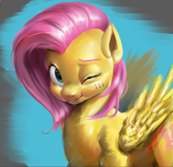 Size: 767x739 | Tagged: source needed, safe, artist:zzugguri, derpibooru import, fluttershy, pegasus, pony, haircut, looking at you, one eye closed, simple background, wink, winking at you