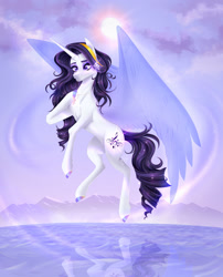 Size: 1280x1581 | Tagged: safe, artist:starflightsparkleyt, derpibooru import, oc, oc only, pony, unicorn, artificial wings, augmented, female, magic, magic wings, mare, reflection, solo, water, wings