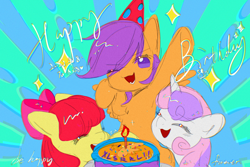 Size: 1800x1200 | Tagged: safe, artist:li-84, derpibooru import, apple bloom, scootaloo, sweetie belle, earth pony, pegasus, pony, unicorn, armpits, birthday cake, cake, cutie mark crusaders, female, filly, foal, food, hat, party hat