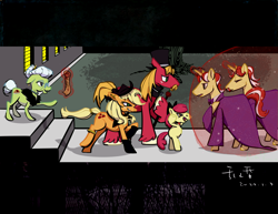 Size: 4096x3162 | Tagged: safe, artist:luansh, derpibooru import, idw, apple bloom, applejack, big macintosh, flam, flim, granny smith, earth pony, pony, unicorn, reflections, spoiler:comic, alternate universe, brothers, dark mirror universe, female, filly, flim flam brothers, foal, force field, identical twins, male, mare, siblings, stallion, twin brothers, twins