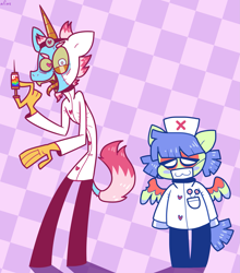 Size: 1973x2237 | Tagged: safe, artist:spritecranbirdie, derpibooru import, oc, oc only, oc:dr rainbowz, oc:nurse luvz, anthro, pegasus, pony, undead, unicorn, zombie, zombie pony, anorexic, anthro oc, beard, checkered background, clothes, coat, colored wings, doctor, duo, face mask, facial hair, female, gloves, hat, heart, heart eyes, lab coat, long tongue, male, mask, multicolored wings, needle, no pupils, nurse, nurse hat, nurse outfit, patterned background, rainbow, sharp teeth, stitches, syringe, teeth, tongue, tongue out, unkempt mane, wingding eyes, wings