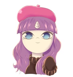 Size: 965x1024 | Tagged: safe, artist:91o42, artist:auntie_grub, derpibooru import, rarity, pony, unicorn, alternate hairstyle, beatnik rarity, beret, clothes, female, hat, horn, mare, simple background, smiling, solo, sweater, white background