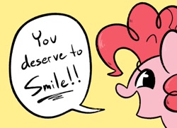Size: 908x657 | Tagged: safe, artist:typhwosion, derpibooru import, pinkie pie, earth pony, pony, cute, diapinkes, female, mare, open mouth, positive message, positive ponies, simple background, solo, wholesome, yellow background