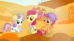 Size: 1280x720 | Tagged: safe, artist:mlplary6, derpibooru import, apple bloom, scootaloo, sweetie belle, earth pony, pegasus, pony, unicorn, autumn, cutie mark crusaders, female, filly, foal, looking at you, smiling, smiling at you