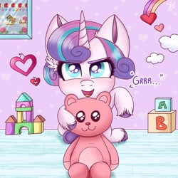 Size: 1280x1280 | Tagged: safe, artist:galaxy swirl, derpibooru import, princess flurry heart, alicorn, pony, baby, baby pony, blocks, building blocks, cute, daaaaaaaaaaaw, female, filly, flurrybetes, foal, plushie, pretending to be a bear, solo, teddy bear, unshorn fetlocks