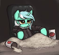 Size: 2634x2466 | Tagged: safe, artist:t72b, derpibooru import, lyra heartstrings, pony, unicorn, chair, clothes, expensive imported oats, female, food, l.u.l.s., leaning, leaning back, mare, oats, ponified, scarface, scene interpretation, sitting, solo, suit, that pony sure does love oats