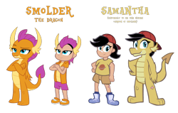 Size: 1100x700 | Tagged: safe, artist:tarkan809, derpibooru import, smolder, dragon, human, clothes, dragonified, duo, duo female, female, samantha, species swap, vector