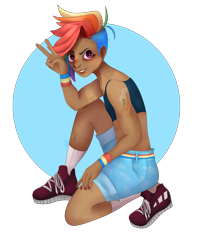 Size: 4000x5000 | Tagged: safe, artist:altarichiru, derpibooru import, rainbow dash, human, absurd resolution, alternate hairstyle, alternative cutie mark placement, belt, clothes, cute, cutie mark on human, cutie mark tattoo, dark skin, dashabetes, delicious flat chest, ear piercing, earring, female, grin, humanized, jewelry, nail polish, peace sign, piercing, rainbow flat, shoes, shorts, shoulder cutie mark, simple background, small breasts, smiling, sneakers, socks, solo, sports bra, tattoo, transparent background, undercut