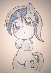 Size: 718x1024 | Tagged: safe, artist:auntie_grub, derpibooru import, minuette, pony, semi-anthro, unicorn, bipedal, blushing, female, horn, mare, solo