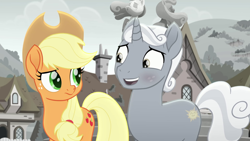 Size: 1920x1080 | Tagged: safe, derpibooru import, screencap, applejack, sunny skies, rainbow roadtrip, blushing