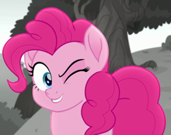 Size: 624x491 | Tagged: safe, derpibooru import, screencap, pinkie pie, rainbow roadtrip, cropped, one eye closed, solo, wink