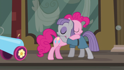 Size: 1280x720 | Tagged: safe, derpibooru import, screencap, maud pie, pinkie pie, earth pony, pony, season 6, the gift of the maud pie, duo, duo female, female, hug, mare, sibling love, sisterly love, smiling, when she smiles