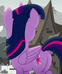 Size: 574x685 | Tagged: safe, derpibooru import, screencap, twilight sparkle, twilight sparkle (alicorn), alicorn, pony, rainbow roadtrip, butt, cropped, female, folded wings, mare, outdoors, plot, solo, wings