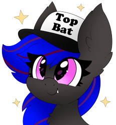 Size: 2515x2727 | Tagged: safe, artist:pegamutt, derpibooru import, oc, oc only, oc:ebony rose, bat pony, chest fluff, clothes, commission, commissioner:wolfgangrd, ear tufts, eyelashes, fangs, hat, hat with text