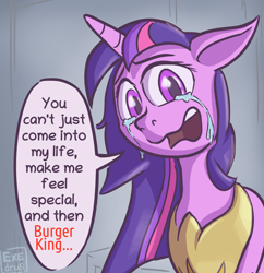 Size: 1851x1914 | Tagged: safe, artist:exedrus, derpibooru import, twilight sparkle, twilight sparkle (alicorn), alicorn, pony, burger king, crying, dialogue, female, jewelry, looking at you, meme, missing context, ponified, ponified meme, regalia, simple background, solo, twilight burgkle, wat