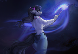 Size: 1738x1206 | Tagged: safe, artist:margony, derpibooru import, octavia melody, anthro, earth pony, bow, butt, clothes, ear fluff, ears, eyes closed, female, hair bow, jeans, magic wand, mare, pants, shirt, solo, treblebutt