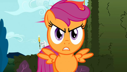 Size: 1280x720 | Tagged: safe, derpibooru import, screencap, scootaloo, pegasus, pony, season 2, the return of harmony, angry, cute, cutealoo, female, filly, foal, gritted teeth, looking at you, madorable, narrowed eyes, reaction image, solo, spread wings, teeth, wings