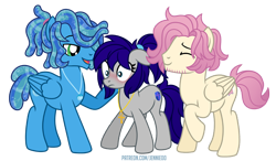 Size: 1200x703 | Tagged: safe, artist:jennieoo, derpibooru import, oc, oc:gentle star, oc:maverick, oc:ocean soul, earth pony, pegasus, pony, blushing, group, happy, shocked, simple background, smiling, transparent background, vector