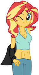 Size: 1024x1949 | Tagged: safe, artist:emeraldblast63, derpibooru import, sunset shimmer, equestria girls, breasts, cleavage, clothes, female, looking at you, one eye closed, simple background, solo, solo female, transparent background, wink, winking at you