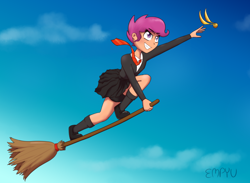 Size: 1200x880 | Tagged: safe, artist:empyu, derpibooru import, scootaloo, equestria girls, broom, clothes, cloud, crossover, female, flying, flying broomstick, harry potter (series), mary janes, miniskirt, pleated skirt, quidditch, shoes, skirt, skirt lift, skirtaloo, sky, socks, solo, spats, warner brothers, wizard