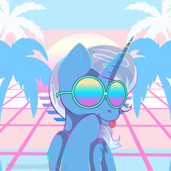Size: 1640x1639 | Tagged: safe, artist:bluemoon, derpibooru import, trixie, pony, unicorn, great and powerful, pride, pride flag, pride month, solo, sunglasses, synthwave, transgender, transgender pride flag