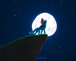 Size: 2048x1638 | Tagged: safe, artist:katputze, derpibooru import, rainbow dash, wolf, awoo, cliff, eyes closed, female, full moon, howling, moon, night, nose in the air, solo, species swap, wolfified