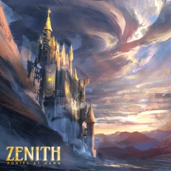 Size: 2796x2796 | Tagged: safe, artist:amaryllis_no, derpibooru import, album cover, canterlot castle, castle, cloud, implied princess celestia, mountain, no pony, ponies at dawn, scenery, scenery porn, sunrise, text