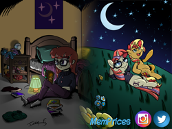 Size: 3508x2631 | Tagged: safe, artist:memprices, derpibooru import, moondancer, sunset shimmer, trixie, original species, pony, unicorn, equestria girls, bed, bedroom, book, clothes, commission, complex background, cutie mark poster, dark background, equestria girls-ified, flower, frown, glasses, grass, high res, hill, kirby, kirby (series), lamp, looking up, messy, moon, nightstand, open mouth, open smile, pants, pillow, plush pony, plushie, pointing, reading, sad, signature, smiling, snow globe, social media, starry night, stars, sweater, sweatpants, trixie plushie