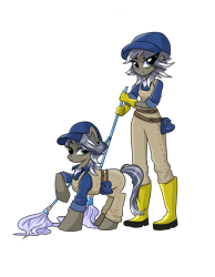 Size: 3111x4000 | Tagged: safe, artist:wenraz, derpibooru exclusive, derpibooru import, oc, oc only, oc:squeaky cleaner, earth pony, pony, equestria girls, assassin, baseball cap, belt, boots, cap, clothes, ear piercing, earring, equestria girls-ified, female, gloves, hat, janitor, jewelry, mare, mop, overalls, piercing, raised hoof, raised leg, scar, self paradox, self ponidox, shirt, shoes, simple background, transparent background