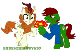 Size: 2058x1367 | Tagged: safe, artist:equestriaguy637, artist:theeditormlp, derpibooru import, edit, autumn blaze, oc, oc:pastel dice, earth pony, kirin, pony, awwtumn blaze, blushing, canon x oc, cute, female, flower, long sleeve shirt, male, shipping, simple background, stallion, transparent background, vector, vector edit, watermark