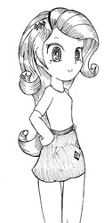 Size: 373x739 | Tagged: safe, artist:auntie_grub, derpibooru import, rarity, equestria girls, clothes, female, looking at you, looking back, looking back at you, monochrome, simple background, smiling, smiling at you, solo, white background