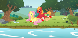 Size: 2100x1013 | Tagged: safe, artist:tprinces, derpibooru import, edit, big macintosh, fluttershy, earth pony, pegasus, pony, 2012, basket, cropped, female, fluttermac, looking at each other, looking at someone, lying, lying down, male, mare, picnic, picnic basket, picnic blanket, ponyloaf, prone, river, shipping, smiling, smiling at each other, stallion, straight, stream, water