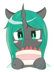 Size: 516x686 | Tagged: safe, artist:auntie_grub, derpibooru import, queen chrysalis, changeling, changeling queen, blush sticker, blushing, cake, cute, cutealis, female, food, hoof hold, horn, mare, simple background, solo, white background