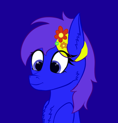 Size: 1300x1350 | Tagged: safe, artist:windy, derpibooru import, oc, oc only, oc:spacer rhythmic, pony, blue background, blue eyes, bust, cheek fluff, chest fluff, colored, cute, ear fluff, ears, female, flat colors, flower, flower in hair, mare, simple background, smiling, solo, two toned mane, upper body