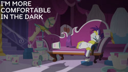 Size: 1280x720 | Tagged: safe, derpibooru import, edit, edited screencap, editor:quoterific, screencap, rarity, pony, unicorn, it isn't the mane thing about you, season 7, carousel boutique, eyes closed, female, mannequin, mare, solo, text