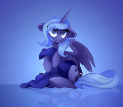 Size: 4632x4032 | Tagged: safe, artist:scarlet-spectrum, derpibooru import, princess luna, alicorn, pony, blanket, cute, daaaaaaaaaaaw, ears, female, floppy ears, looking at you, lunabetes, mare, s1 luna, sitting, solo