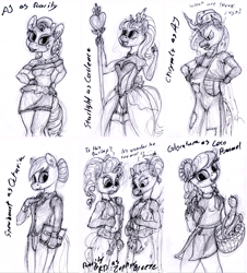 Size: 1086x1200 | Tagged: safe, artist:sepiakeys, derpibooru import, applejack, coloratura, nurse coldheart, nurse snowheart, queen chrysalis, rainbow dash, rarity, starlight glimmer, anthro, clothes swap, monochrome, traditional art