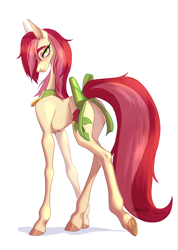 Size: 3200x4488 | Tagged: safe, artist:satan, derpibooru import, roseluck, earth pony, pony, bow, butt, collar, commission, commissioner:doom9454, cute, female, high res, long legs, looking at you, looking back, looking back at you, mare, pet collar, pet tag, plot, pony pet, rosepet, solo, tail, tail bow