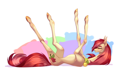 Size: 4800x3200 | Tagged: safe, artist:satan, derpibooru import, roseluck, earth pony, pony, collar, commission, commissioner:doom9454, cute, eyes closed, female, high res, long legs, lying down, mare, on back, pet collar, pet tag, pillow, pony pet, rosepet, solo, stretching, tail