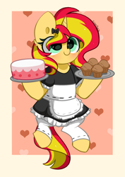 Size: 2809x3976 | Tagged: safe, artist:kittyrosie, derpibooru import, sunset shimmer, semi-anthro, unicorn, blushing, cake, clothes, cute, food, maid, muffin, shimmerbetes