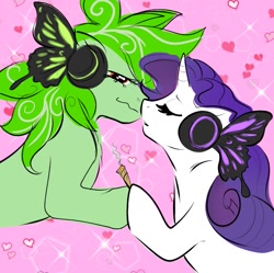 Size: 811x807 | Tagged: safe, artist:burgerpaws, derpibooru import, rarity, oc, oc:stoney poney, earth pony, pony, unicorn, canon x oc, drugs, female, headphones, high, joint, kissing, lesbian, mare, marijuana, shipping, smoke