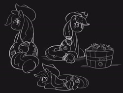 Size: 2650x2001 | Tagged: safe, artist:applephil, derpibooru import, applejack, earth pony, pony, apple, black and white, black background, bucket, female, food, grayscale, looking at something, looking at you, looking back, looking back at you, lying down, mare, monochrome, prone, simple background, sitting, sketch, sketch dump, solo