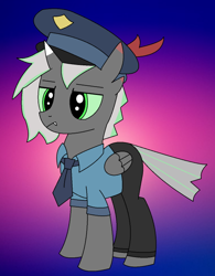 Size: 526x675 | Tagged: safe, artist:fsnyion, derpibooru import, oc, oc only, oc:aurelioss, hybrid, clothes, fangs, folded wings, full body, gradient background, hooves, horn, lidded eyes, male, necktie, police, police hat, police officer, police uniform, solo, stallion, standing, tail, uniform, uniform hat, wings