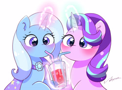 Size: 3652x2696 | Tagged: safe, artist:leo19969525, derpibooru import, starlight glimmer, trixie, pony, unicorn, blushing, drink, drinking, duo, duo female, female, glowing, glowing horn, hair, high res, horn, jewelry, mare, simple background, white background