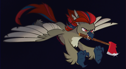 Size: 1300x720 | Tagged: safe, artist:pigeorgien, derpibooru import, oc, oc only, oc:whiplash, hippogriff, axe, base used, black background, female, flying, mouth hold, show accurate, simple background, solo, weapon