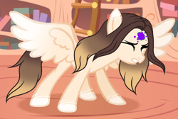 Size: 1280x862 | Tagged: safe, artist:cindystarlight, derpibooru import, oc, oc only, oc:cindy, pegasus, pony, base used, coat markings, dark magic, eyes closed, female, golden oaks library, gradient mane, gradient tail, gritted teeth, hooves, indoors, magic, mare, pegasus oc, shadow, show accurate, socks (coat marking), solo, spread wings, standing, tail, teeth, wings