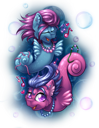 Size: 2550x3300 | Tagged: safe, artist:mychelle, derpibooru import, seawinkle, wavedancer, sea pony, g1, g4, bubble, cute, digital art, ear fluff, ears, eyes closed, female, fins, flowing mane, g1 to g4, generation leap, jewelry, looking at you, mare, mermay, music notes, necklace, ocean, open mouth, pearl necklace, purple eyes, shoo be doo, simple background, singing, smiling, transparent background, underwater, water, wavedorable, winklebetes