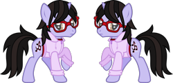 Size: 2264x1094 | Tagged: safe, artist:lightningbolt, derpibooru exclusive, derpibooru import, pony, unicorn, .svg available, brendon urie, clothes, frown, glasses, hoodie, horn, looking at you, male, panic! at the disco, ponified, raised hoof, raised leg, shirt, simple background, solo, stallion, svg, transparent background, undershirt, vector