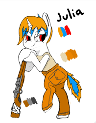 Size: 474x604 | Tagged: safe, artist:minxtaperino, derpibooru import, oc, oc:julia minx, bedroom eyes, blue mane, cargo pants, clothes, m1 garand, old art, orange mane, orange pants, pants, scavanger, tanktop, weapon, white coat